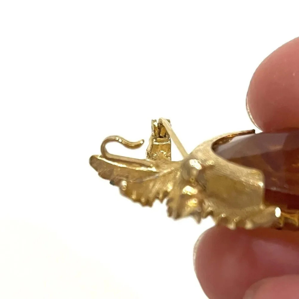 Mid Century Sarah Coventry Gold Tone Amber Glass Leaf Brooch Statement Pin